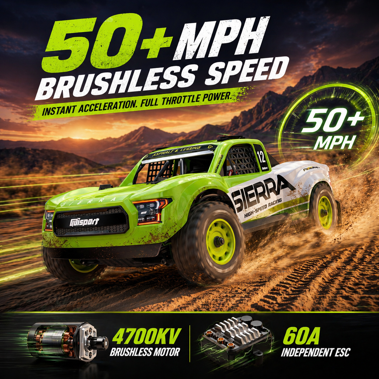 UDIRC SIERRA UD1203PRO 1/12 4WD Brushless RC Truck, 80KM/H High-Speed Off-Road Short Course Car with Gyro Stabilization (Battery & Charger Not Included)