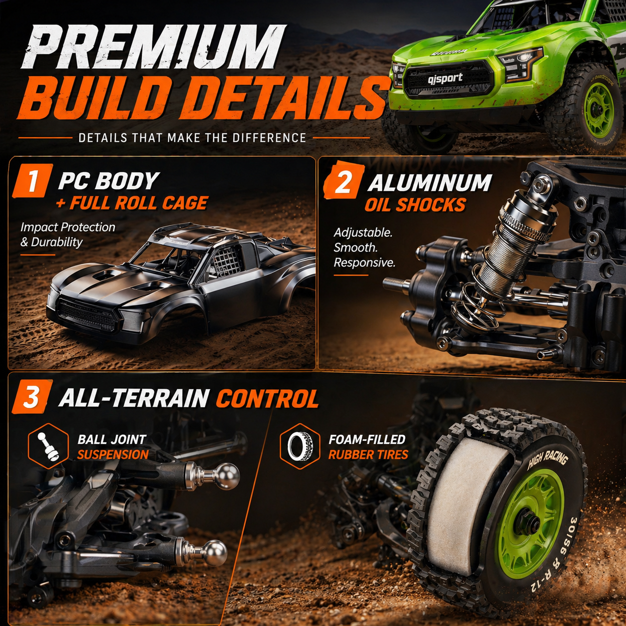 UDIRC SIERRA UD1203PRO 1/12 4WD Brushless RC Truck, 80KM/H High-Speed Off-Road Short Course Car with Gyro Stabilization (Battery & Charger Not Included)