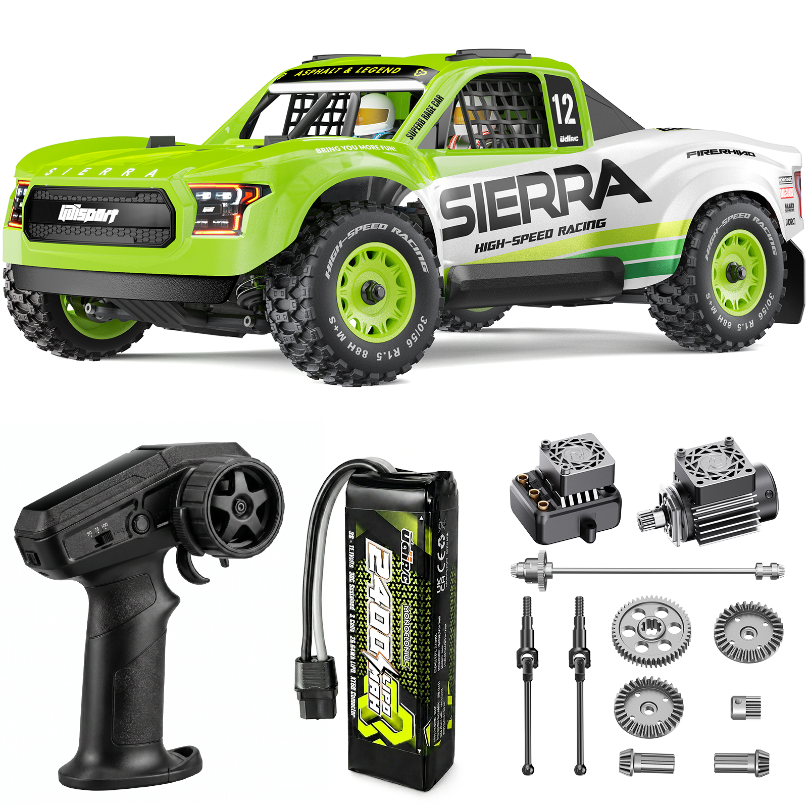 UDIRC SIERRA UD1203PRO 1/12 4WD Brushless RC Truck, 80KM/H High-Speed Off-Road Short Course Car with Gyro Stabilization (Battery & Charger Not Included) #battery_1× 3s lipo (11.1v) battery included